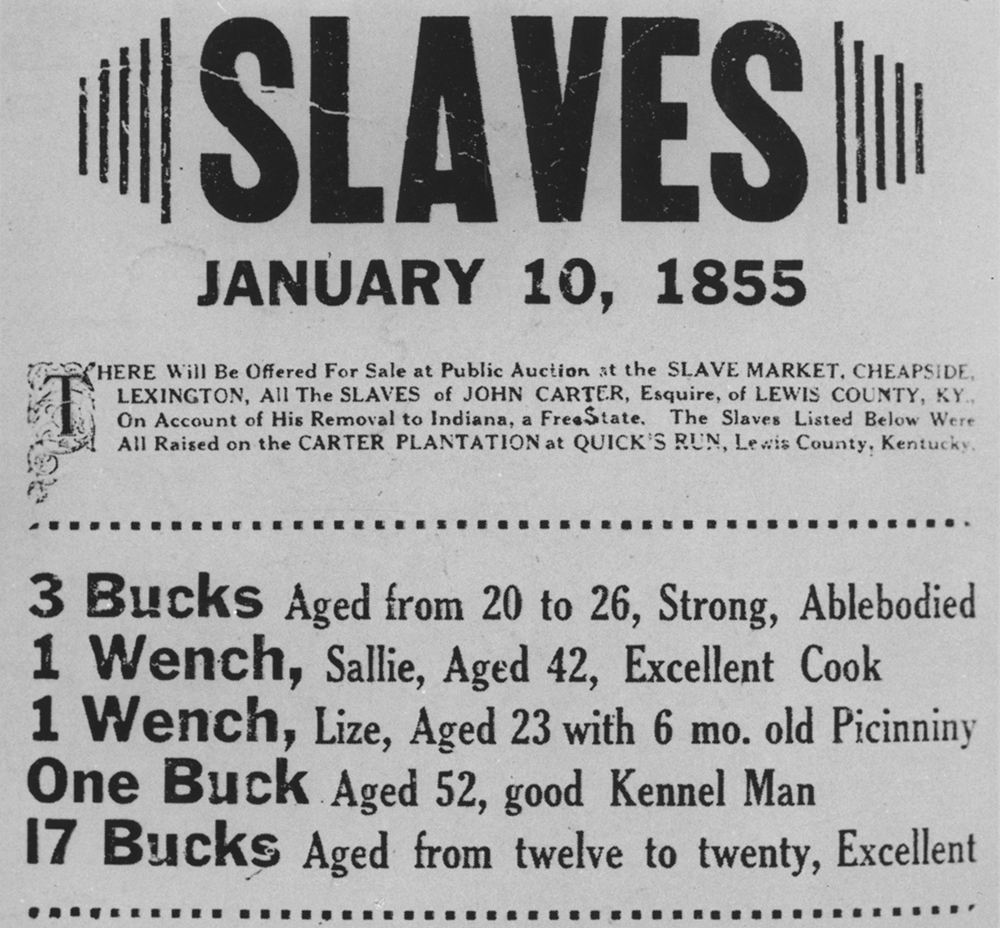 The 23 enslaved people to be sold belonged to a Kentucky planter, John Carter, who decided to “liquidate his assets” before moving to the free state of Indiana. “Picaninny” was a derogatory term commonly used by whites to refer to a Black child.