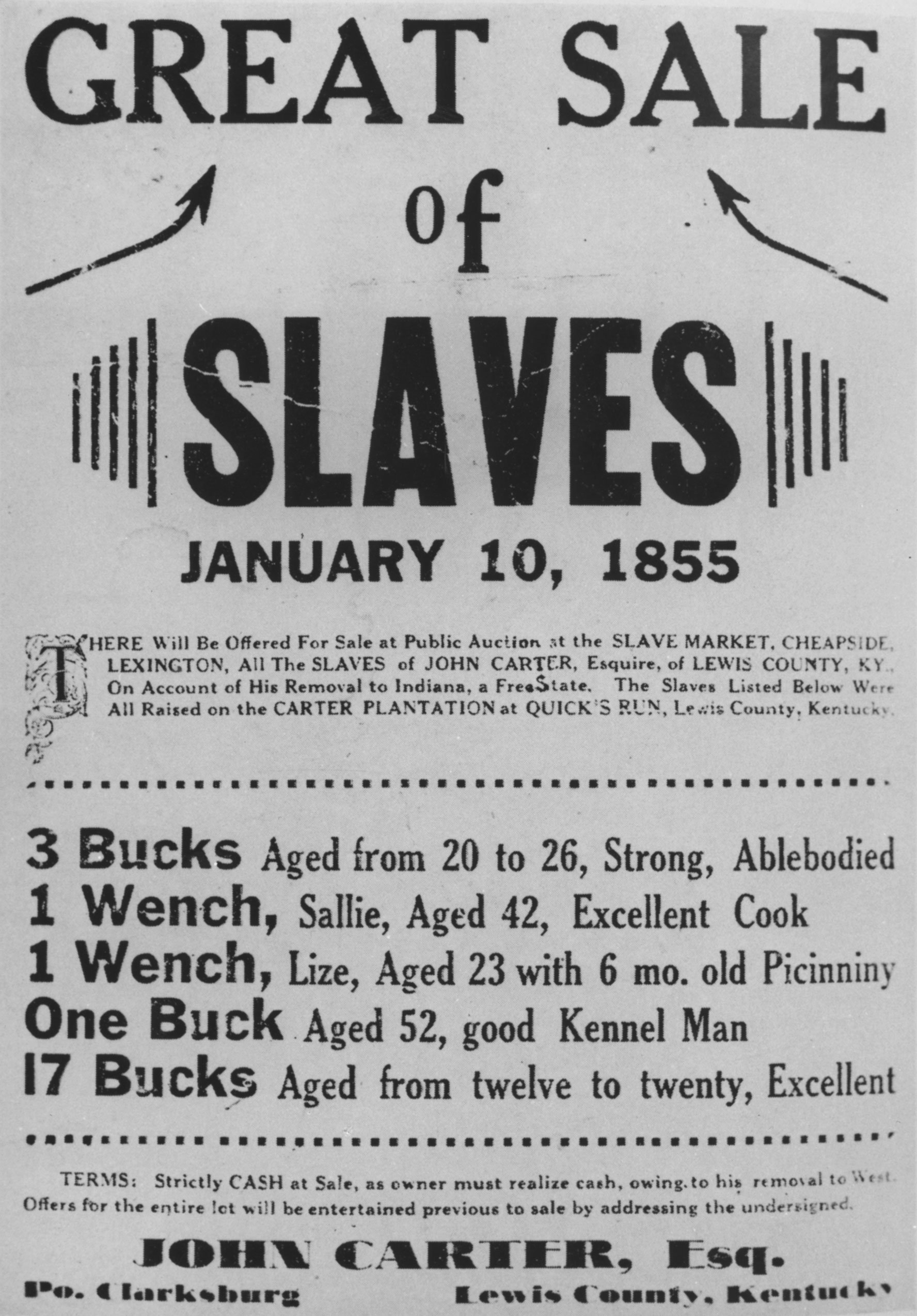 The 23 enslaved people to be sold belonged to a Kentucky planter, John Carter, who decided to “liquidate his assets” before moving to the free state of Indiana. “Picaninny” was a derogatory term commonly used by whites to refer to a Black child.