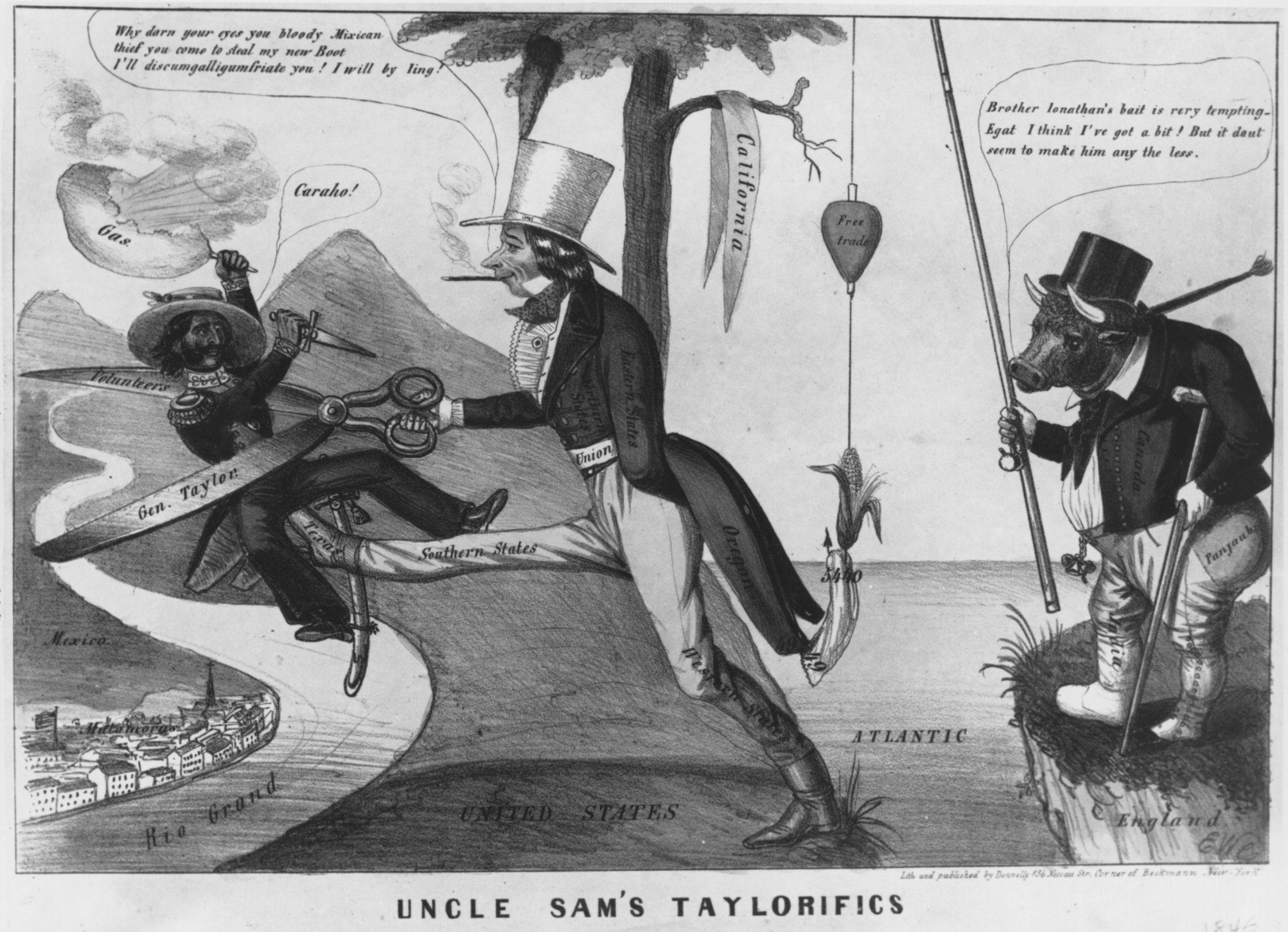A beardless Uncle Sam sliced and booted Mexico across the Rio Grande in this bellicose 1846 lithograph cartoon.