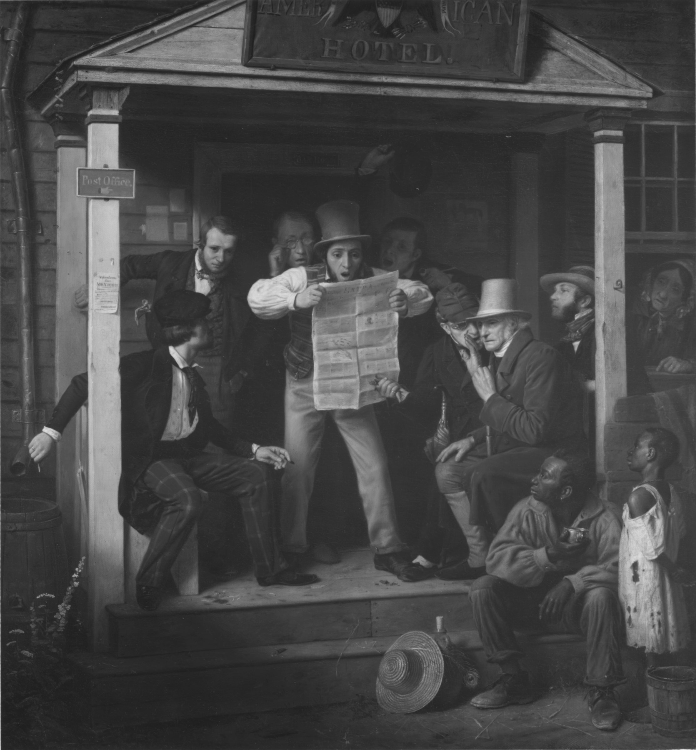 In Richard Caton Woodville’s 1848 painting, guests at the “American Hotel” (who represented a cross-section of the nation’s white citizenry) demonstratively reacted to news about the Mexican War. Their almost comical behavior was in marked contrast to the subdued response of the Black man and child in the picture’s foreground.