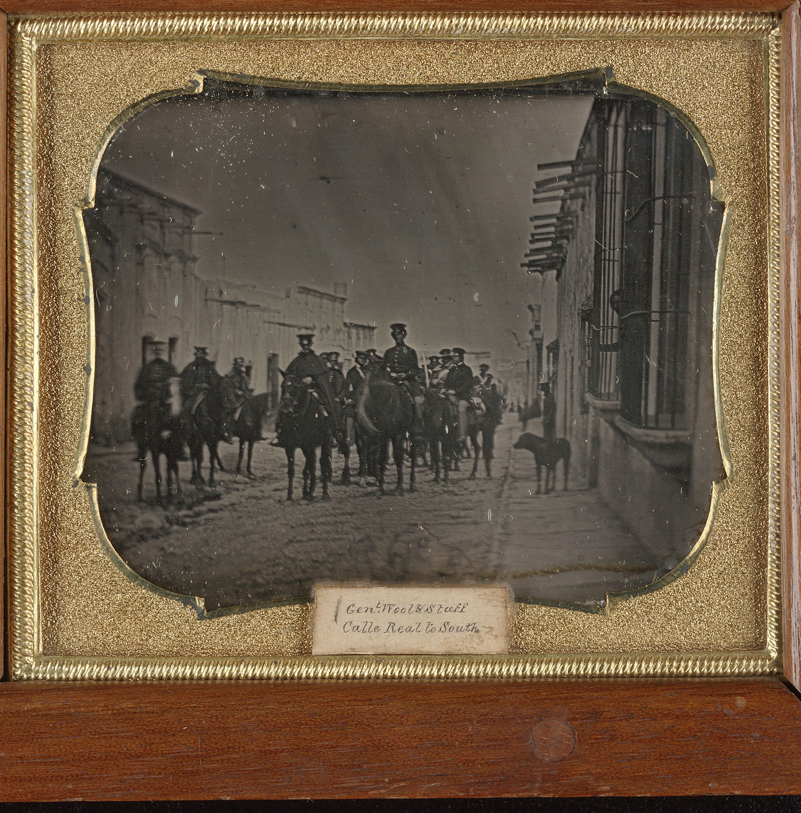 Popular fervor for the Mexican War was fanned by visual reporting that promoted patriotic and nationalistic sentiments. Printmakers strove to satisfy the public’s desire for news from the front. In the field, daguerreotypists struggled with a cumbersome and fragile new technology, trying to capture the world’s first photographs of war. In this rare outdoor scene, Brigadier General John E. Wool and his mounted troops paused for a photographer in Saltillo’s Calle Real, halting in the middle of the road to accommodate the long time required to expose a photographic plate.