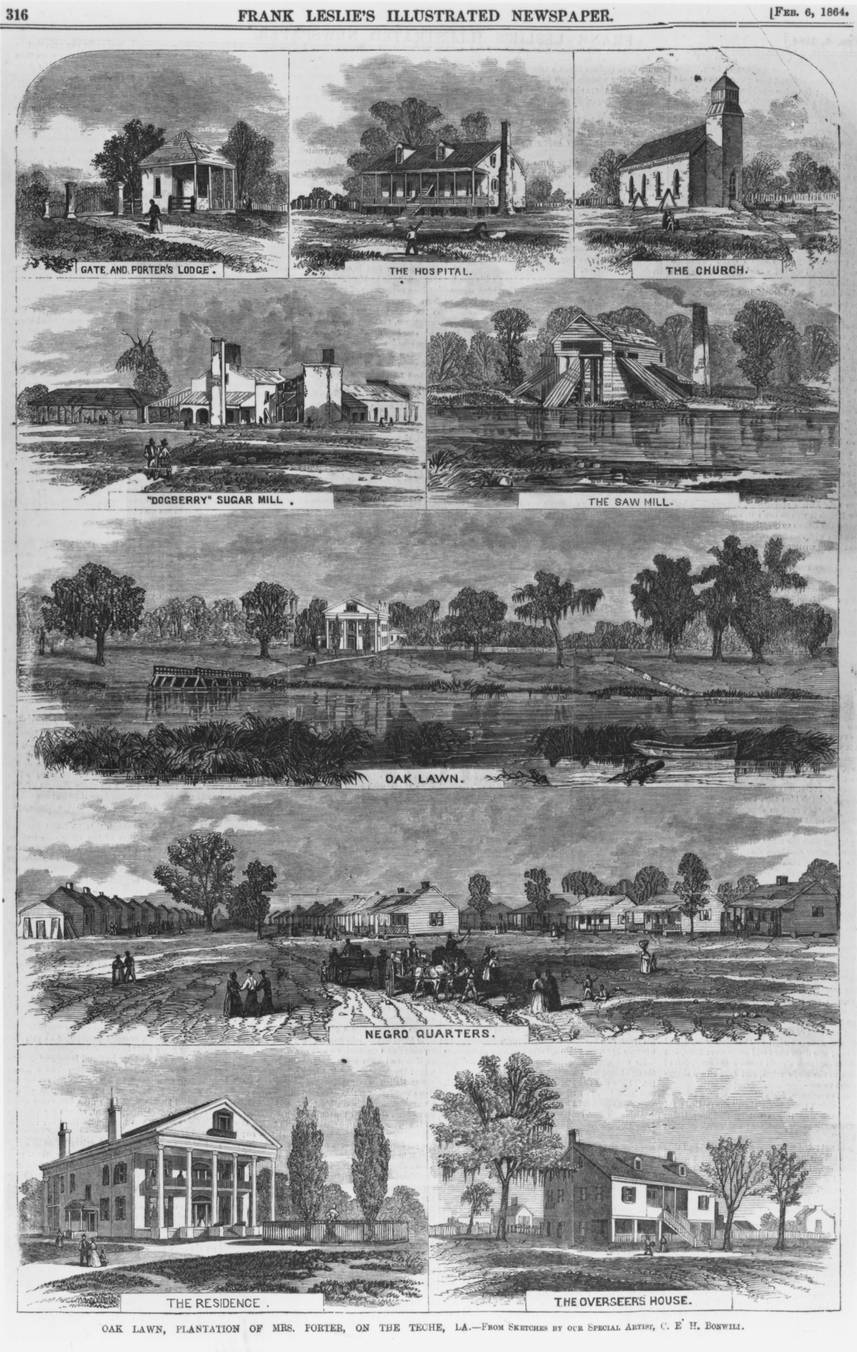 This pictorial survey of Oak Lawn, a large Louisiana sugar plantation on the Bayou Teche, includes a view of its quarters for enslaved African Americans, consisting of forty-two cabins.