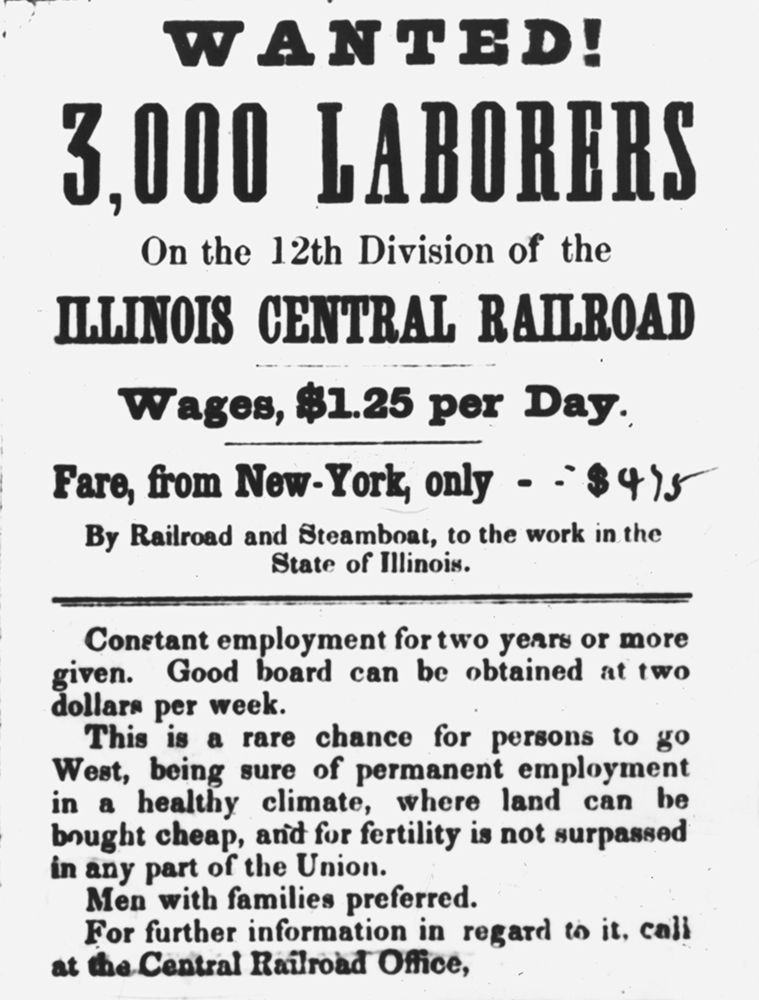 This Illinois Central Railroad advertisement, probably directed to immigrants, was posted in New York City in 1853.
