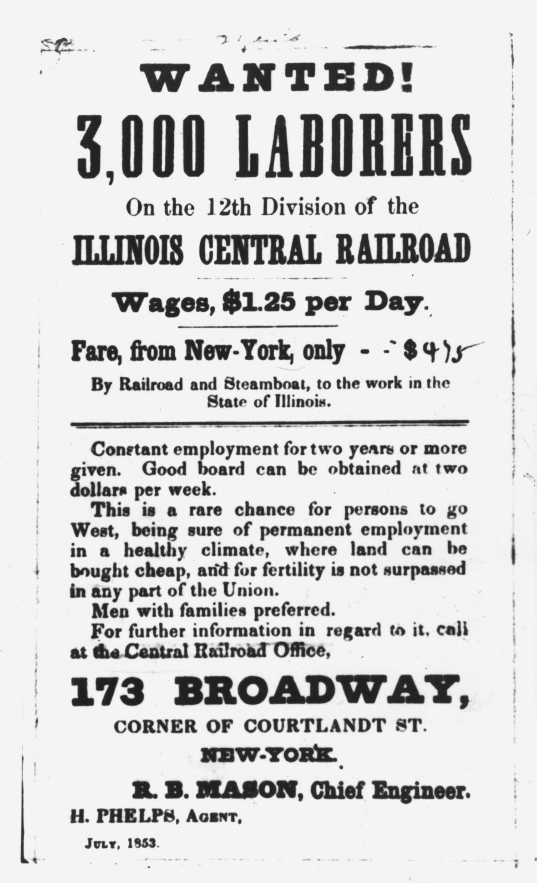 This Illinois Central Railroad advertisement, probably directed to immigrants, was posted in New York City in 1853.