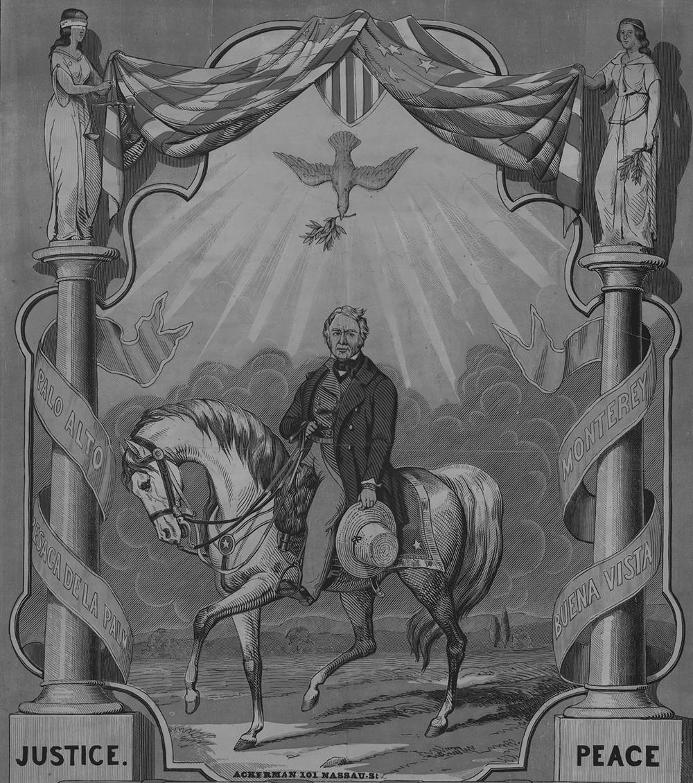 Mexican War hero Zachary Taylor rode popular enthusiasm for American conquest to victory in the presidential election of 1848. In this earliest-known presidential campaign poster, the names of Taylor’s victorious battles wind down columns entitled Justice and Peace, while a sunlit dove of peace descends toward the unlabeled candidate (Taylor’s fame making the mention of his name superfluous). Borrowing the style of large, colorful circus posters, this campaign poster promoted the election as another grand-scale public spectacle of the time.