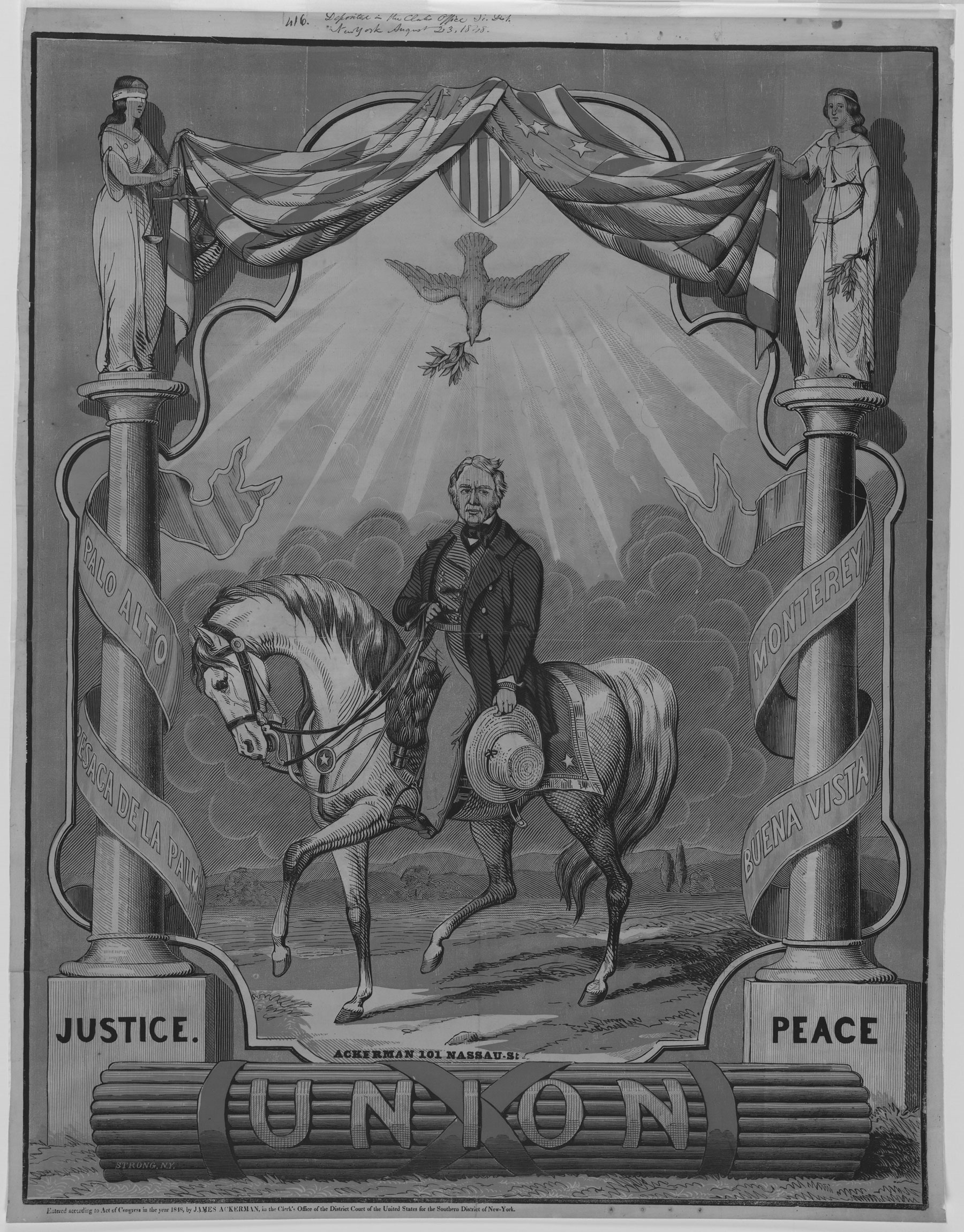 Mexican War hero Zachary Taylor rode popular enthusiasm for American conquest to victory in the presidential election of 1848. In this earliest-known presidential campaign poster, the names of Taylor’s victorious battles wind down columns entitled Justice and Peace, while a sunlit dove of peace descends toward the unlabeled candidate (Taylor’s fame making the mention of his name superfluous). Borrowing the style of large, colorful circus posters, this campaign poster promoted the election as another grand-scale public spectacle of the time.