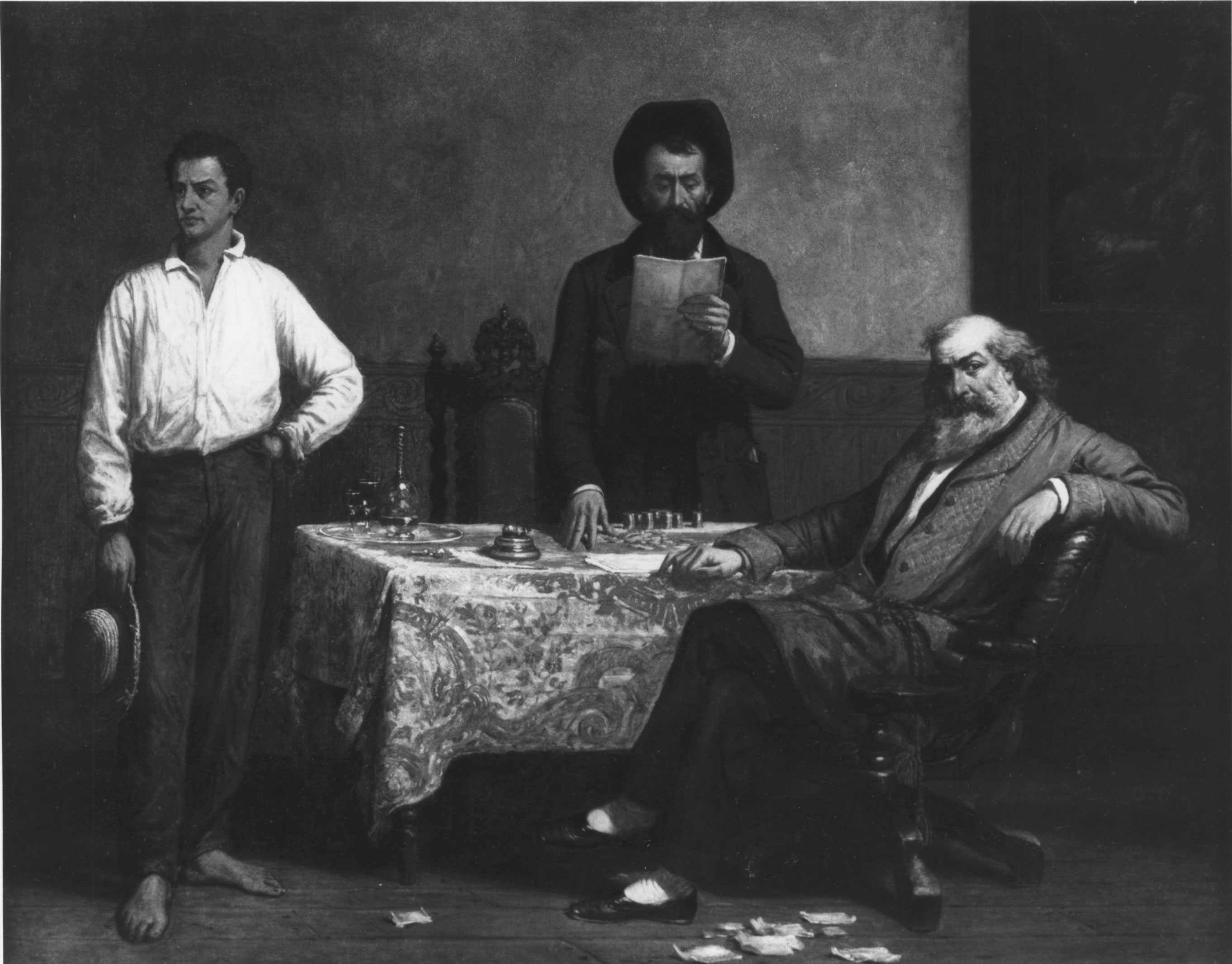 Thomas Satterwhite Noble’s painting reflected on the ways in which property overwhelmed any ties of affection in the plantation “family.” His 1868 picture portrayed the sale of a enslaver’s mulatto son to a slave trader.