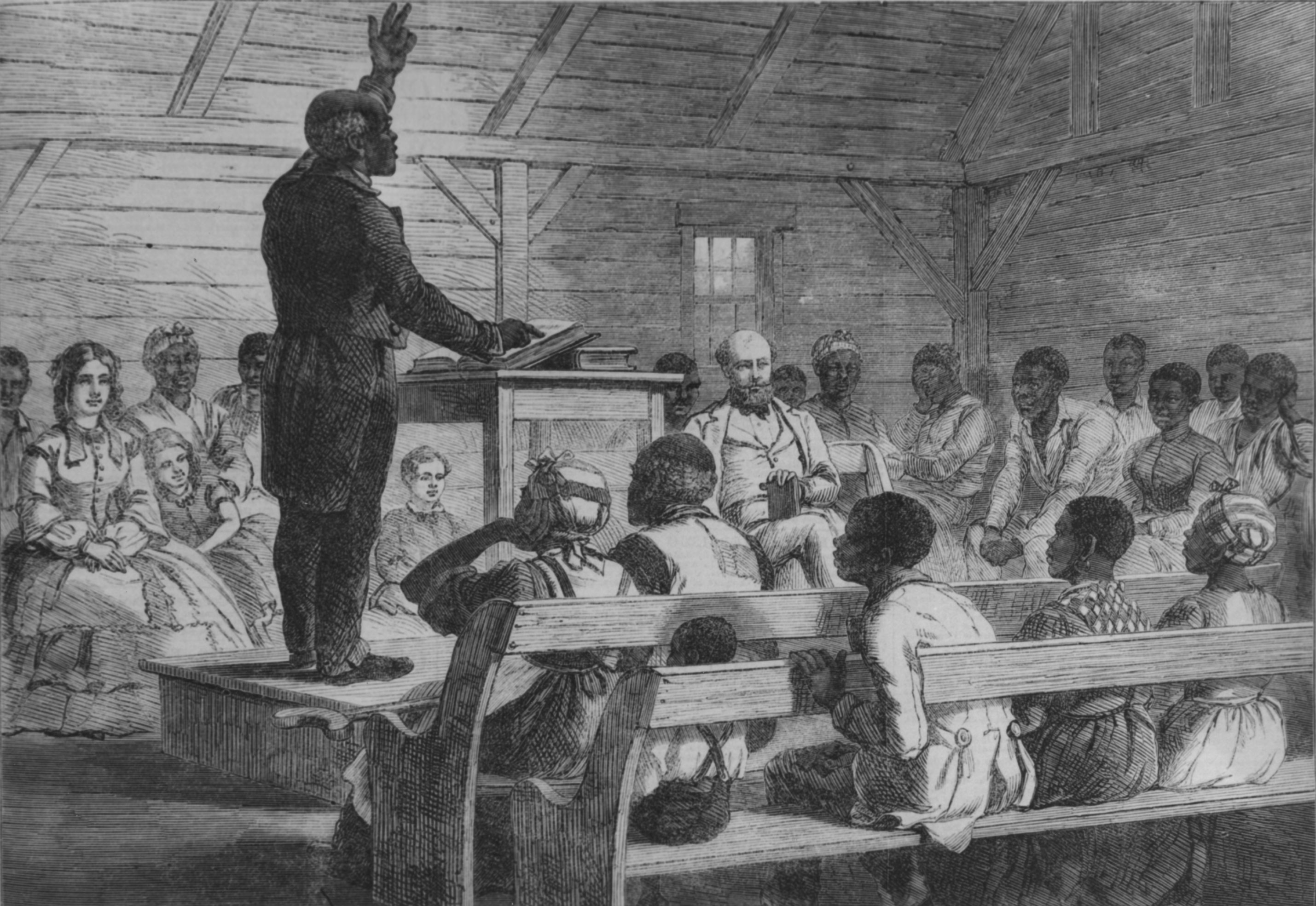An engraving from a British illustrated weekly depicted the scene in a “rude chapel” of a Port Royal, South Carolina, plantation, where the planter and his family were “engaged in Divine worship, surrounded by [their] slaves, in a state of almost patriarchal simplicity.”