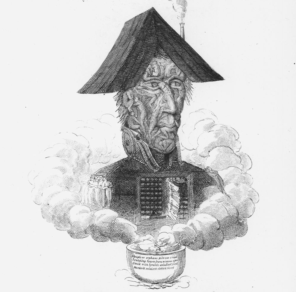 Andrew Jackson’s role in the First Seminole War was resurrected in this anti-Democrat cartoon published during the 1828 presidential campaign. Whig caricaturist David Claypoole Johnston fashioned the Democratic candidate’s head and shoulders out of a military tent, cannons, swords, and the bodies of dead Native peoples. The cartoon was captioned with a line from Shakespeare’s play about the treacherous, despotic king of England: “Methought the souls of all that I had murder’d came to my tent.”