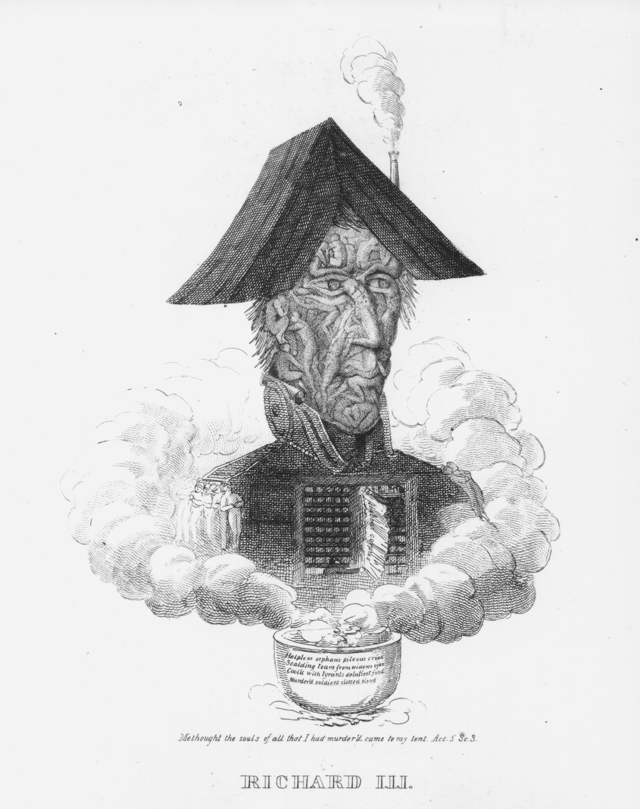 Andrew Jackson’s role in the First Seminole War was resurrected in this anti-Democrat cartoon published during the 1828 presidential campaign. Whig caricaturist David Claypoole Johnston fashioned the Democratic candidate’s head and shoulders out of a military tent, cannons, swords, and the bodies of dead Native peoples. The cartoon was captioned with a line from Shakespeare’s play about the treacherous, despotic king of England: “Methought the souls of all that I had murder’d came to my tent.”