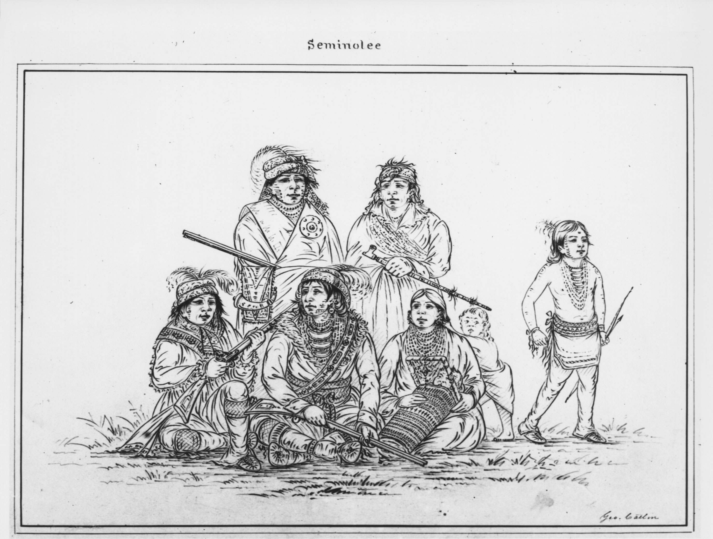 George Catlin’s 1838 sketch showed seven of the 250 Seminoles imprisoned at Fort Moultrie, Charleston, South Carolina. They were captured with Seminole leader Osceola near St. Augustine, Florida, after U.S. troops violated a truce agreement.