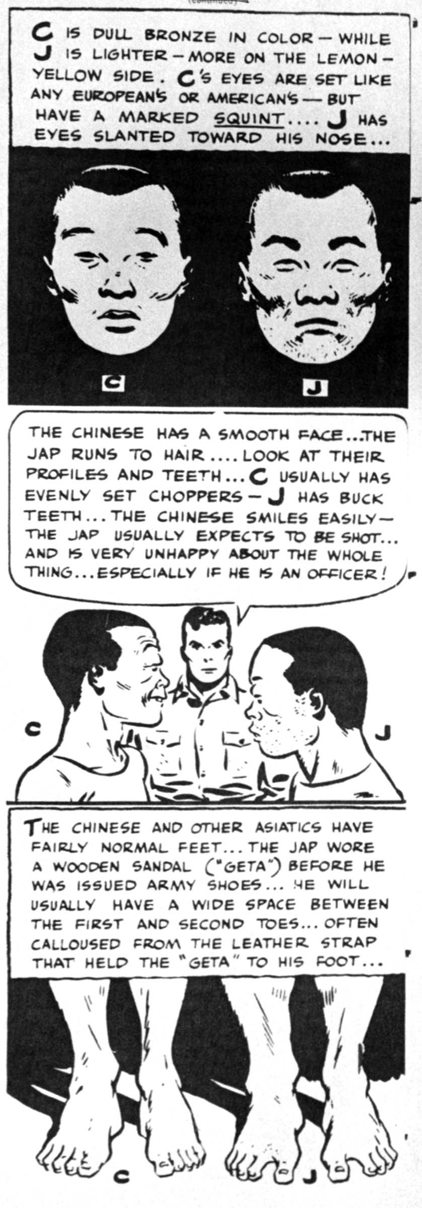 These three panels appeared in the <em>Pocket Guide to China</em>, a U.S. Army pamphlet illustrated by cartoonist Milton Caniff (best known for the comic strips <em>Terry and the Pirates</em> and, after the war, <em>Steve Canyon</em>). This pamphlet and other official wartime publications that were distributed to American soldiers used outrageous racial stereotypes to distinguish between Asian friends and foes.