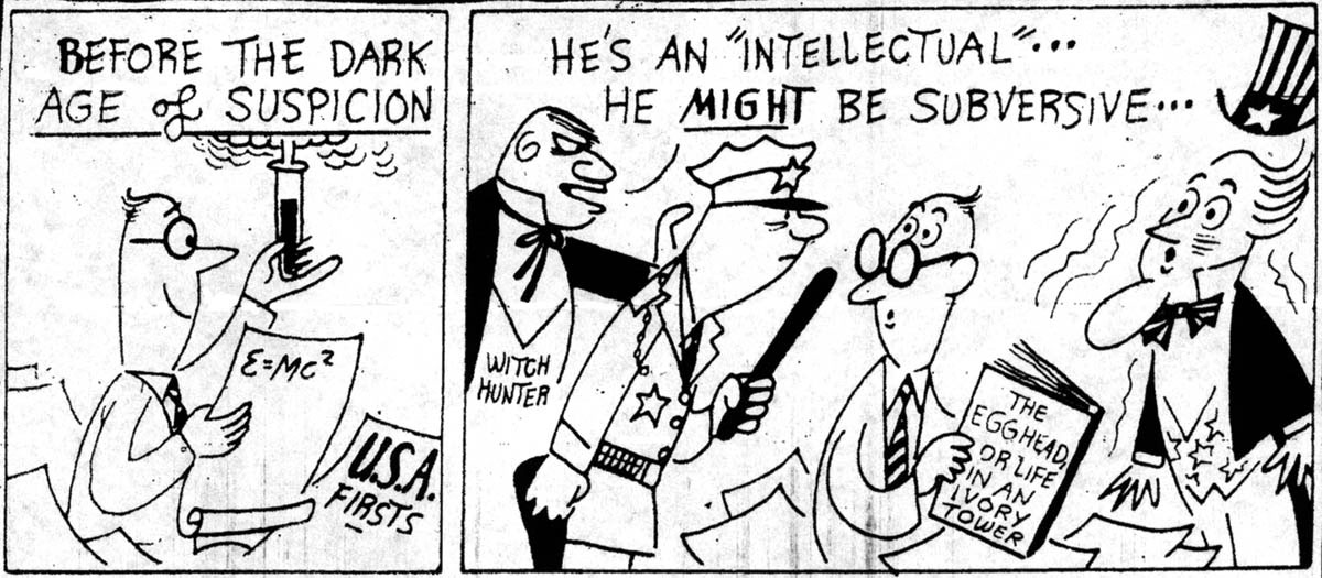 A cartoon in the <em>Baltimore Sun</em> captured the consternation in the United States that greeted news of the Soviet Union’s successful launch of Sputnik I in October 1957. The first artificial satellite to orbit the earth undermined widespread assumptions about U.S. technological superiority and sparked anxiety that the Soviet Union would win the “space race.” The cartoon also chastised the government for postwar policies that inhibited scientific research.