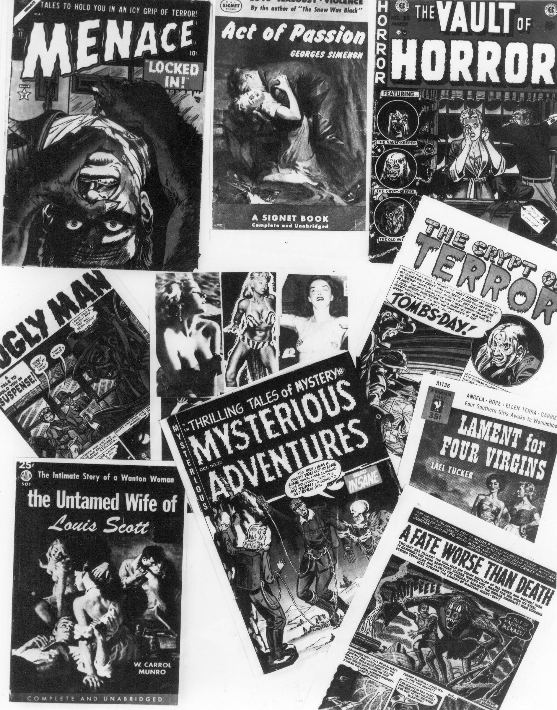A 1954 montage that appeared in newspapers presents what many Americans saw as a new danger threatening the nation’s youth. In Senate committee hearings and other forums, parents, social scientists, and public officials called for censorship laws, claiming that crime and horror comic books, along with other salacious and sensational publications, contributed to the growing problem of juvenile delinquency.