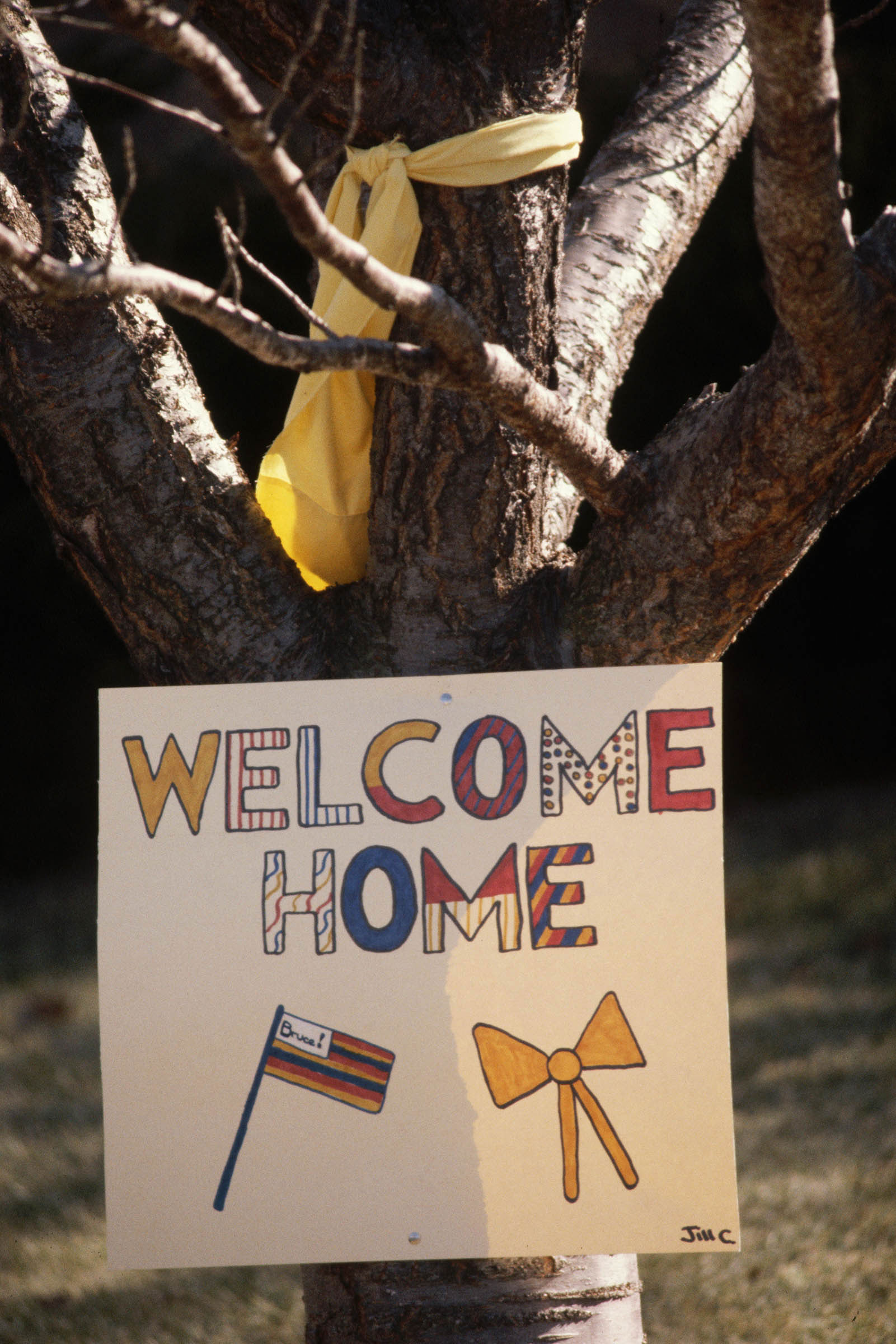 Inspired by the 1973 pop song “Tie a Yellow Ribbon Round the Ole Oak Tree,” many U.S. communities displayed yellow ribbons during the Iran hostage crisis. The song was inspired by a real incident involving a released prison inmate’s return home. As a sign of her continuing faith in him, his wife had tied a yellow ribbon around the oak tree in their town square.
