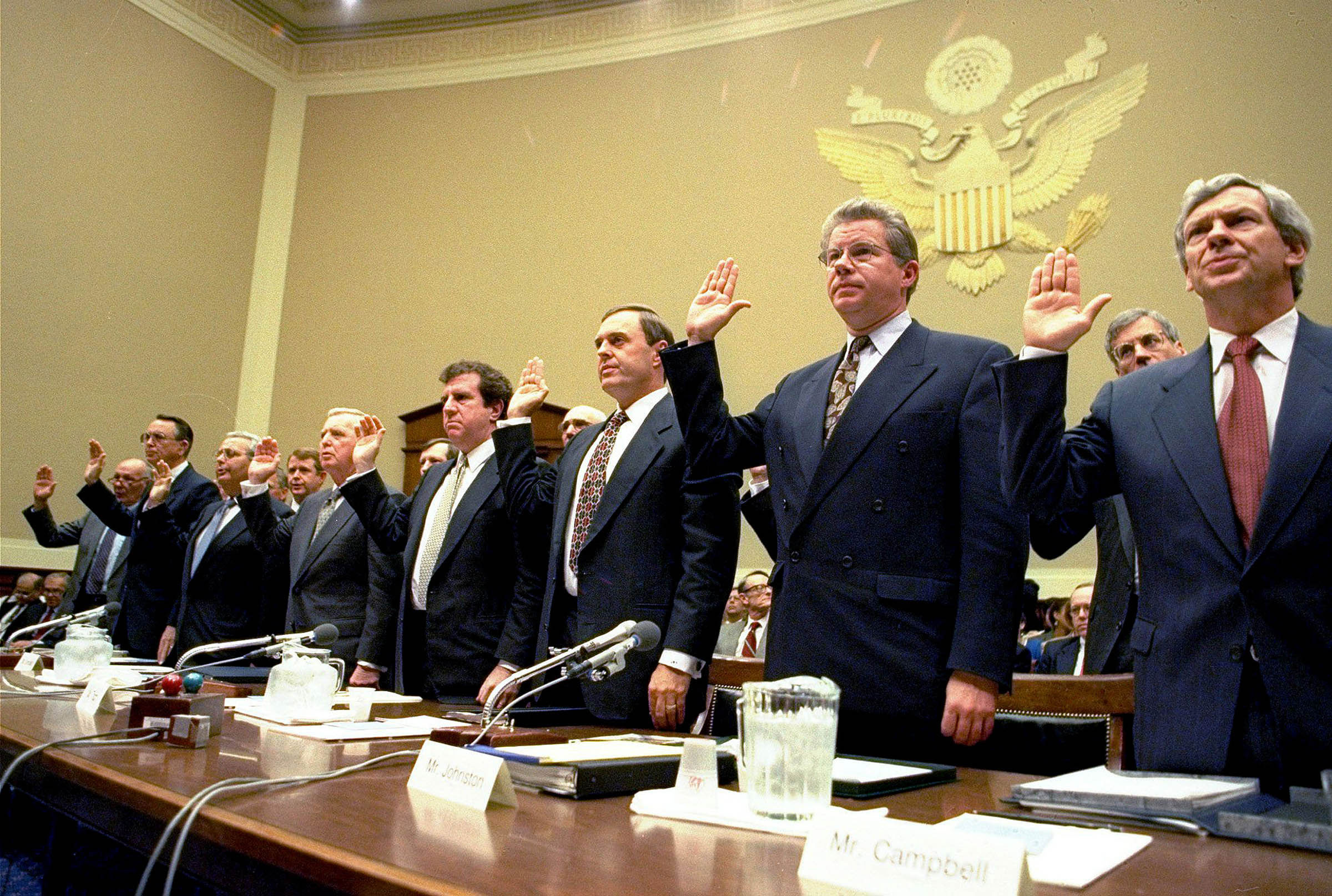 In the 1990s, new evidence about cigarette smoking’s contribution to rising rates of lung cancer prompted a public outcry against American tobacco companies, in particular their manipulation of nicotine levels to keep smokers addicted and their targeting of advertising toward young adults. Despite incontrovertible scientific evidence to the contrary, at an April 1994 House Energy and Commerce Subcommittee hearing the CEOs of the nation’s seven largest cigarette companies testified under oath that they did not believe nicotine was addictive. In 1998, in the face of class-action suits lodged by 46 state attorneys-general to cover increased smoking-related health care costs, tobacco companies agreed to restrict marketing, reveal previously secret trade documents, and pay state governments &dollar;206 billion to cover medical costs and finance education campaigns to deter tobacco use.