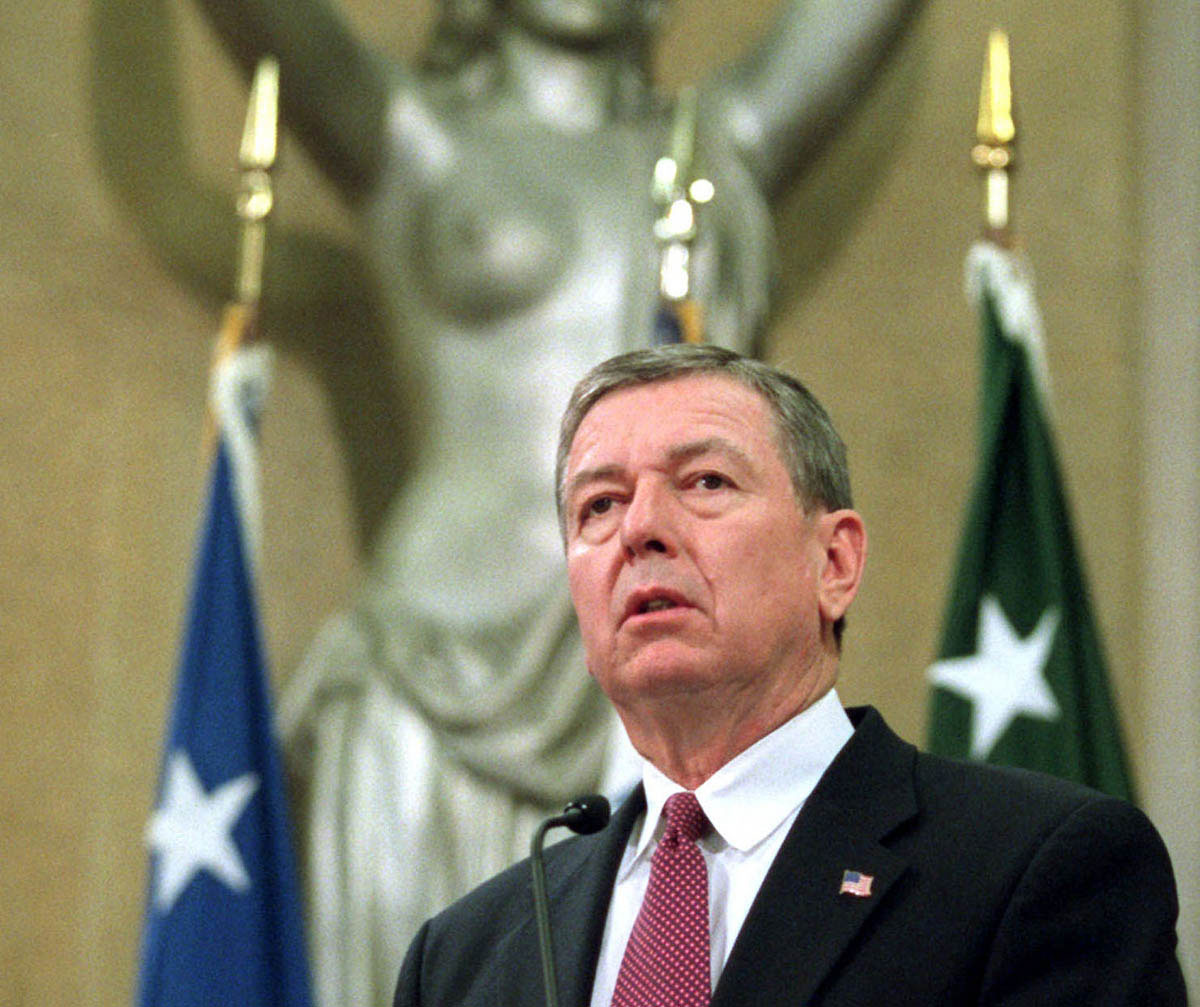 Conservative Attorney General John Ashcroft, unhappy with press photographs showing him in front of the seminude <em>Spirit of Justice</em>, one of two statues adorning the podium in the Department of Justice’s Great Hall, allocated &dollar;8,000 for the purchase of curtains to hang over the offending aluminum Art Deco sculpture.