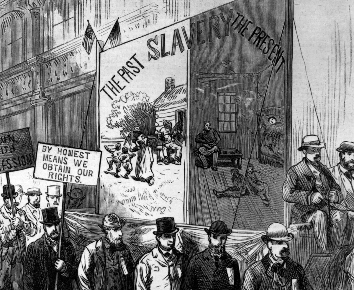 A placard in an 1884 Labor Day march presented the struggle over inequality in the nineteenth century. “Wage-slavery” emerged as an oppressive institution to take the place of racial slavery, defeated in the Civil War.