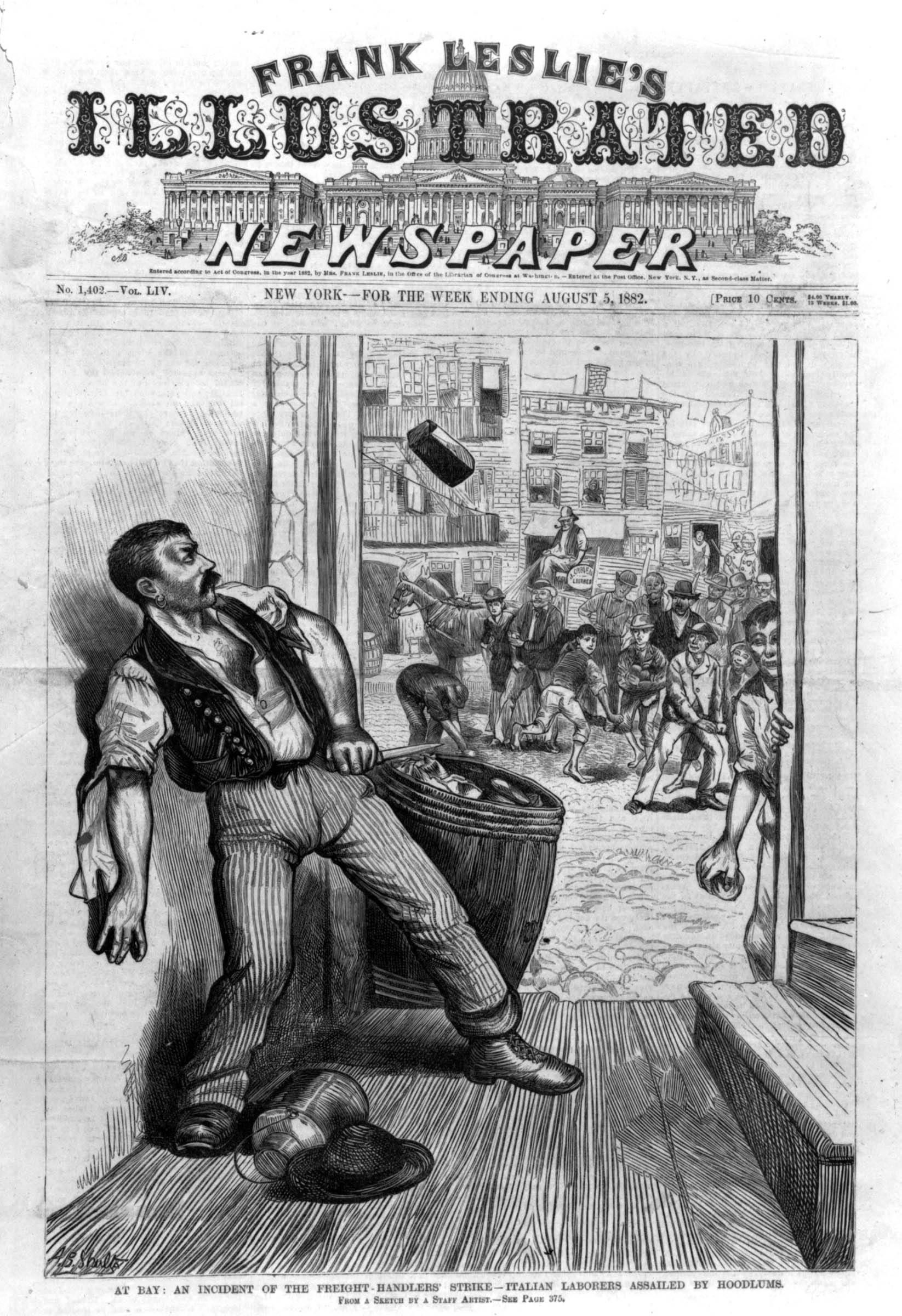 A newspaper engraving depicts an attack on an Italian strikebreaker during the 1882 New York freight handlers’ strike. Although shown as a victim, the Italian’s “exotic” dress and earring marked him as an outsider to contemporary readers.