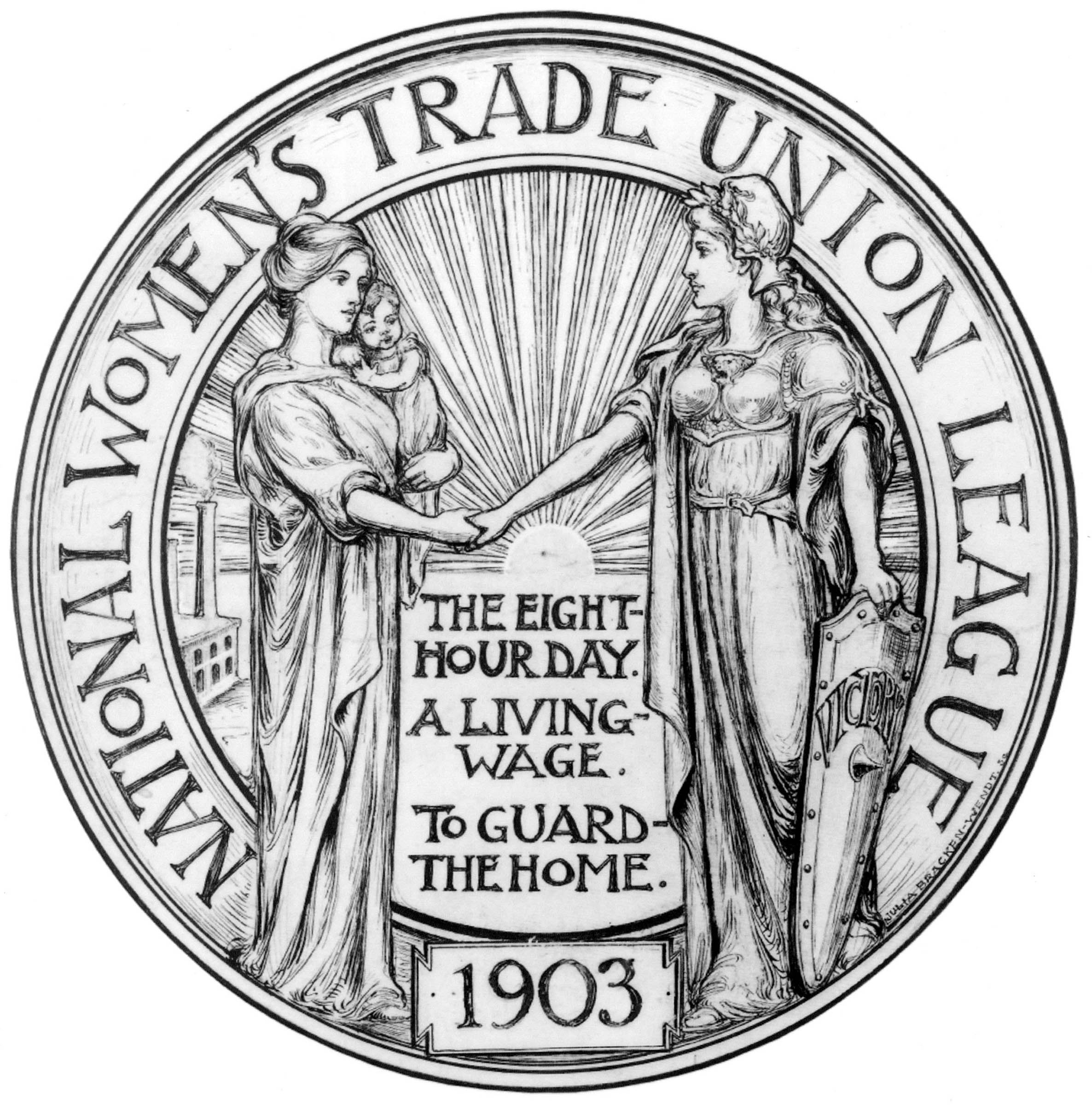 Chicago sculptor Julia Bracken Wendt designed the National Women’s Trade Union League seal. The design mixed symbols of both militancy and domesticity, showing a woman in armor holding a shield marked “Victory” while clasping the hand of a mother holding a child in her arms. The sun rises behind and above them, emanating the aims of the League: ”The Eight-Hour Day. A Living Wage. To Guard the Home.” The design was a great success, appearing on League publications, letterhead, and pins, and even on the wall of Samuel Gompers’s office at the American Federation of Labor.