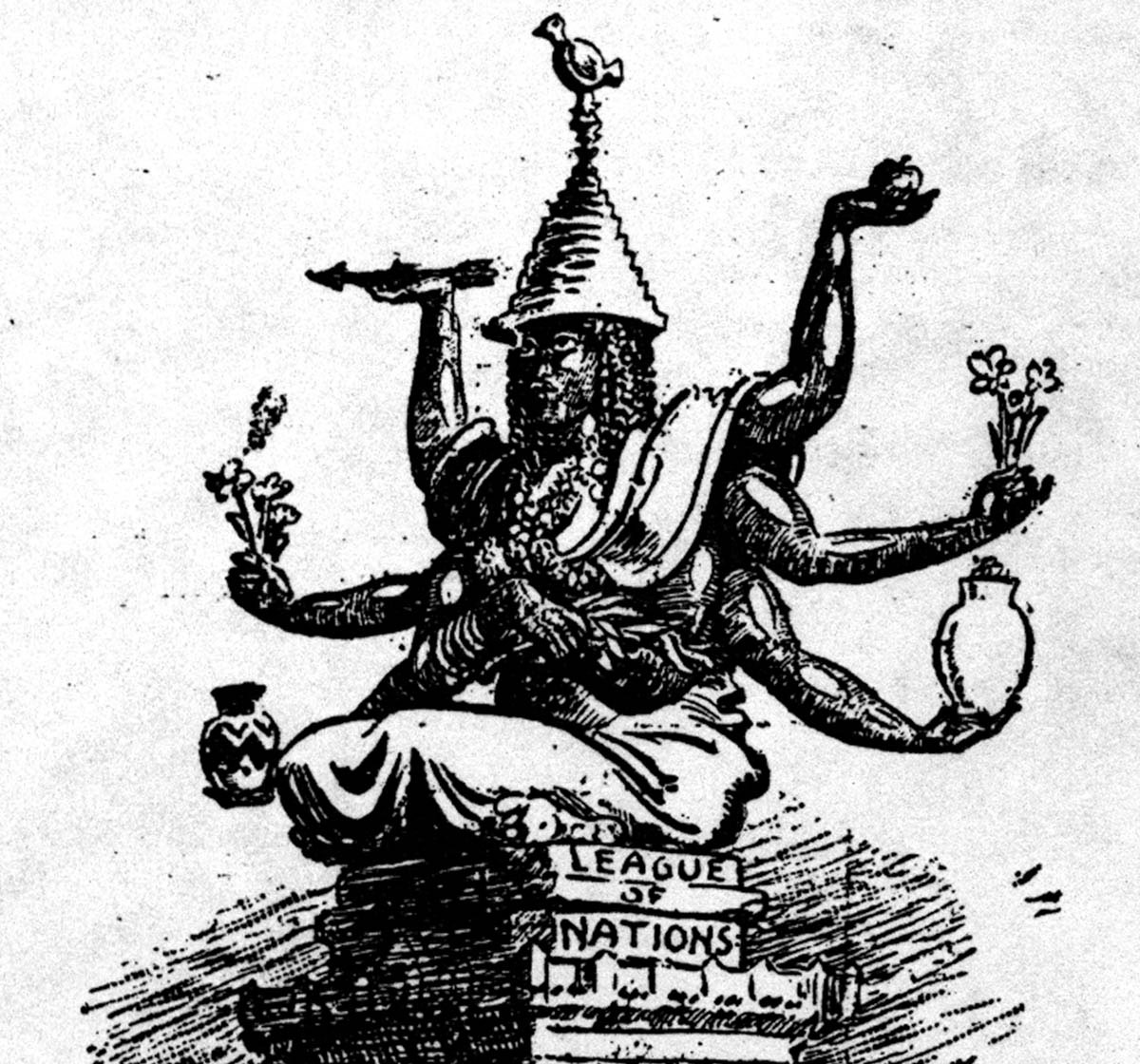 A cartoon in the <em>New York Herald</em>, showing the Statue of Liberty replaced by an exotic statue resembling the Hindu goddess Kali, cast suspicion on the internationalism that the League of Nations espoused. Isolationist politicians and other opponents of the League raised fears that international organizations might restrain U.S. power and autonomy.