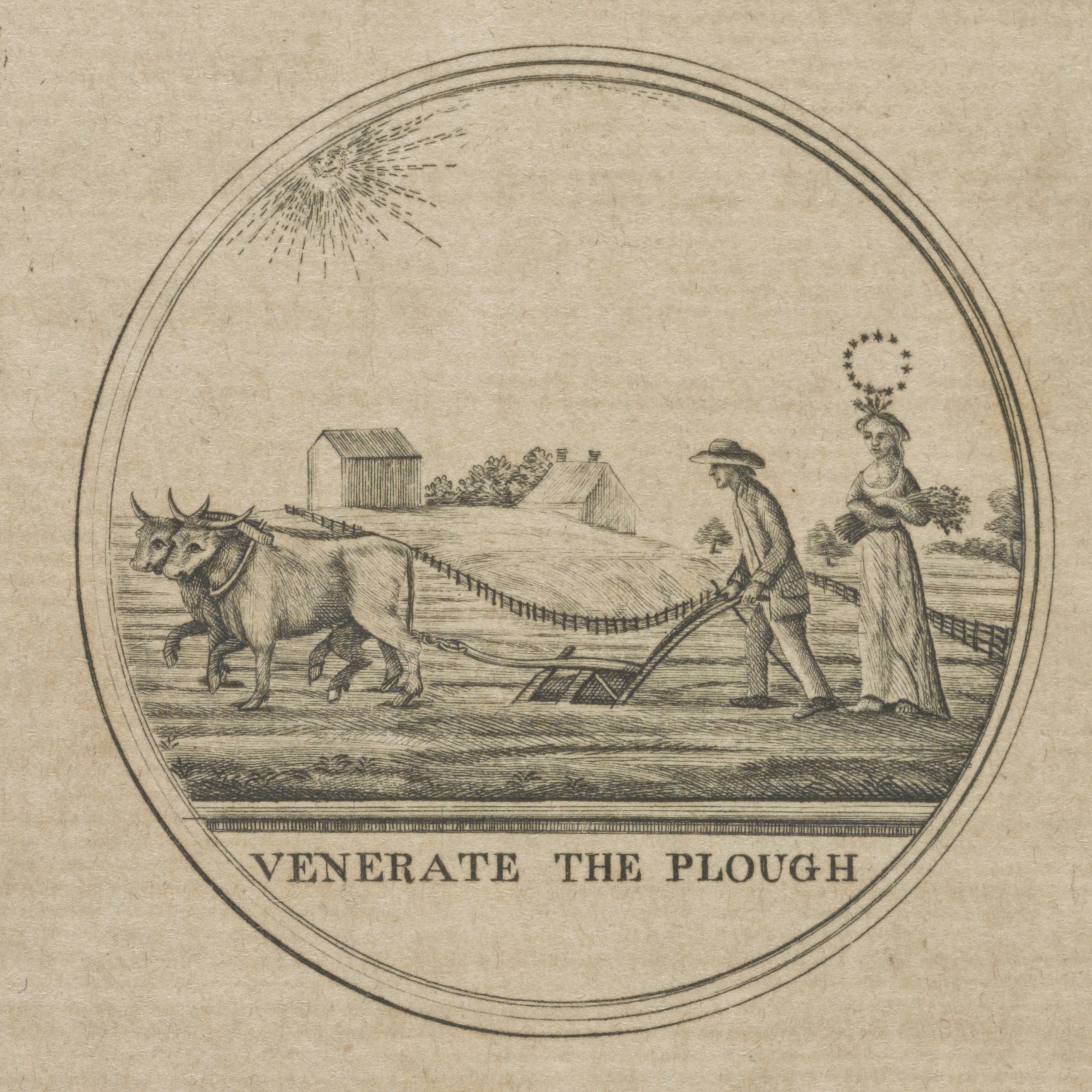 The independent farmer plowed the path to prosperity for the Republic on this seal of the Philadelphia Society for Promoting Agriculture.