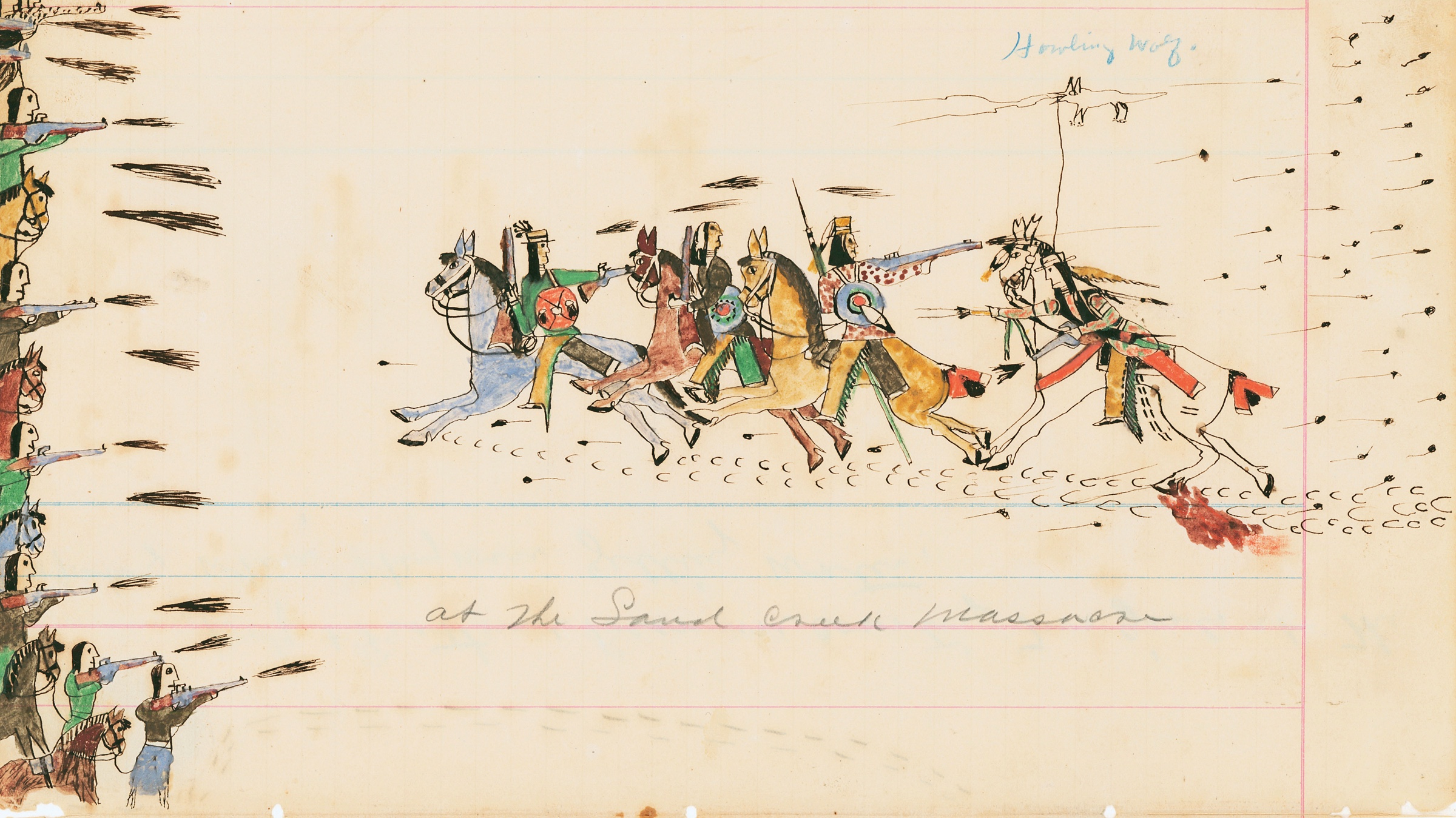 One survivor of Sand Creek was the remarkable Southern Tsitsistas (Southern Cheyenne) warrior and ledger book artist Ho-na-nist-to, (Howling Wolf), who was about fifteen years old when his encampment was attacked by Chivington’s troops. In this dramatic image made some ten years after Sand Creek, a group of Tsitsistas warriors charge their attackers in a hail of bullets. Ho-na-nist-to depicted himself as the last figure on the left, shooting into the ranks of the Colorado volunteer while his comrades turn and fire at an unseen enemy at their rear.

This ledger artwork was probably acquired in the late 19th century by General John Pope while Howling Wolf was imprisoned. Pope's family gifted the work to Oberlin College in 1904.
