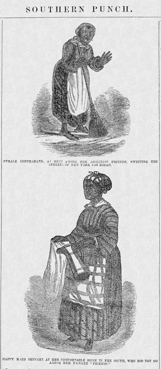 <p>The southern illustrated press occasionally depicted “contrabands” and commented on what the publications viewed as their poor treatment in the North—such as this untitled and crudely engraved two-panel August 1863 cartoon in&nbsp;<i>Southern Punch</i>, which showed neglected and miserable formerly enslaved people living in the North, compared to the benevolence purportedly bestowed on enslaved African Americans who remained in the South.</p>