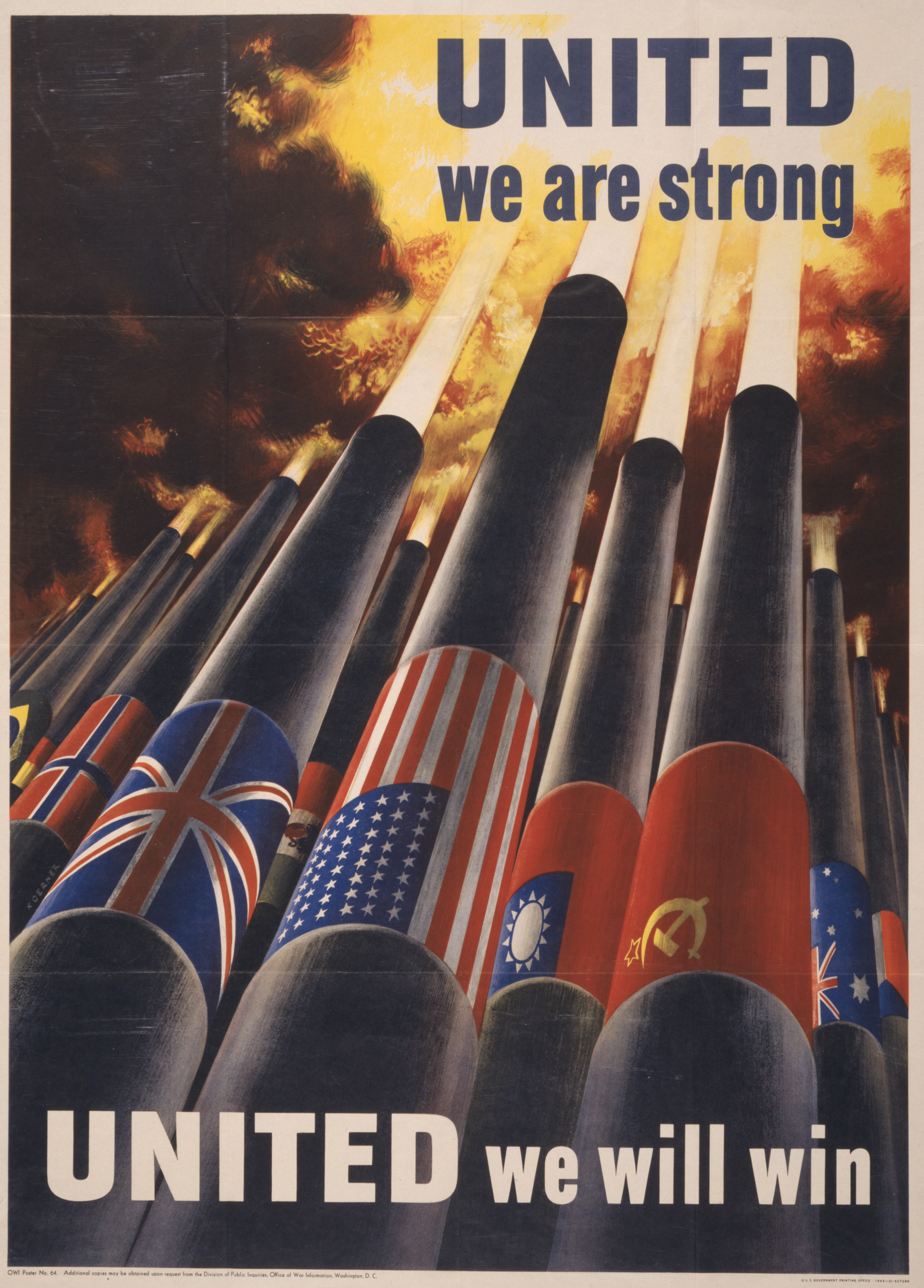 Belching defense industry smokestacks, emblazoned with the flags of the Allied nations, resemble cannon fire in this Office of War Information poster, which urged higher industrial production.