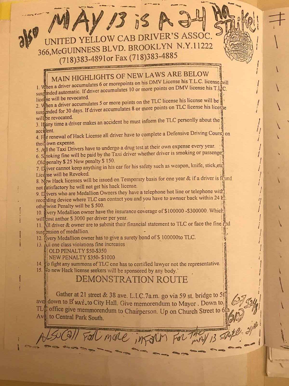 <em>This flyer, in support of the May 13, 1998, strike, was released by the United Yellow Cab Driver’s Association&nbsp; The Brooklyn-based United Yellow Cab Driver’s Association was one of several organizations of taxi drivers that supported the twenty-four-hour strike called by the New York Taxi Workers Alliance. The memo sought to inform UYCDA members, many of them South Asian immigrants, about the impact of changes proposed by the Taxi and Limousine Commission and provide details about strike activities. The changes affected medallions (the plaques affixed to yellow cabs that gives the legal right for taxis to operate in the city), as well as the required licenses issued by the state Department of Motor Vehicles (DMV) and hack licenses issued by the TLC.</em>
