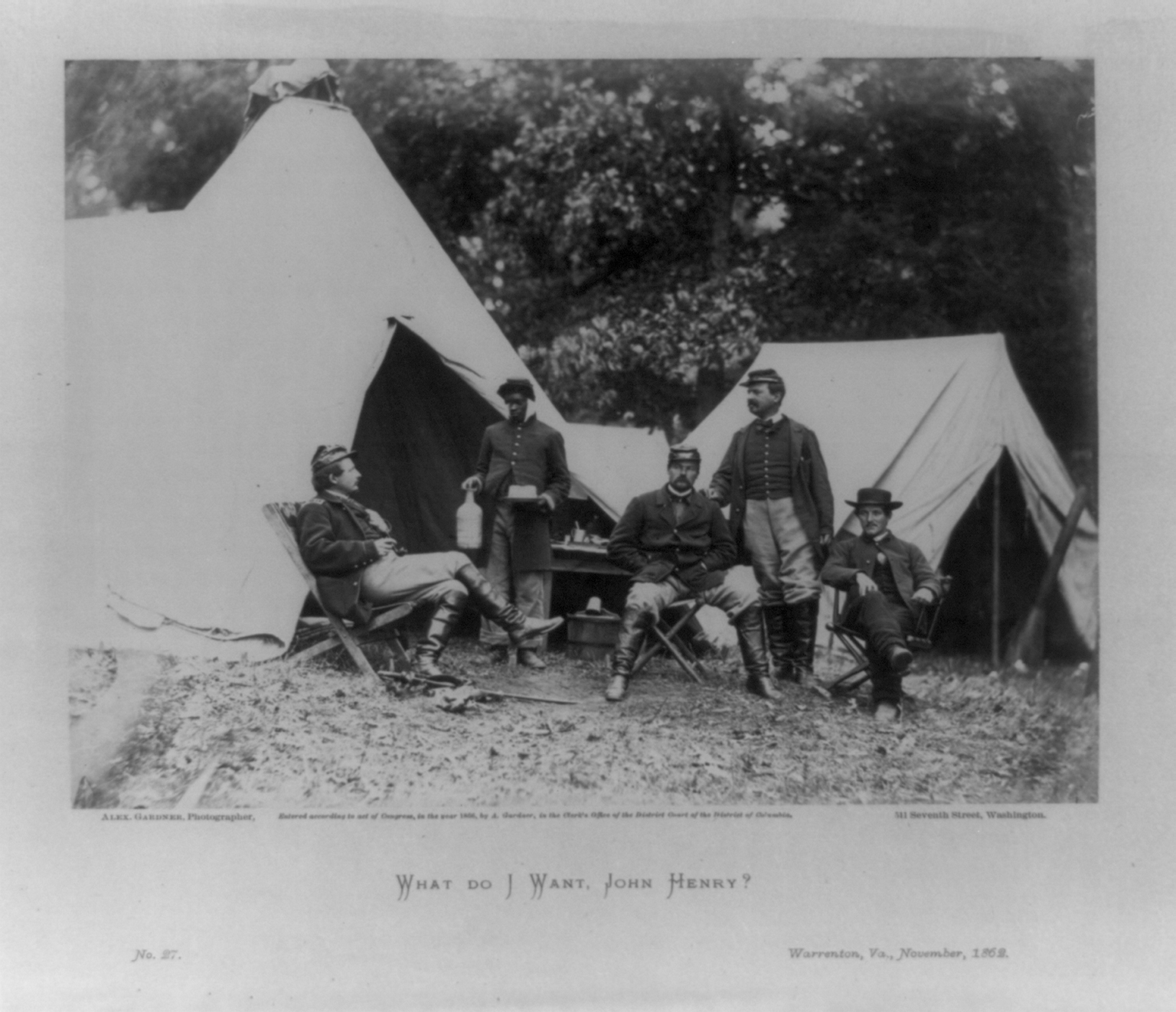 <p>Former enslaved African Americans, termed “contrabands,” were caught somewhere between slavery and freedom. They also were viewed by many northerners as a new burden—despite their work as teamsters, cooks, and laborers in Union camps. That attitude was conveyed in many photographs of northern encampments, such as this November 1862 Virginia scene, that showed former enslaved men in subordinate positions as servants beside white soldiers.&nbsp;</p>