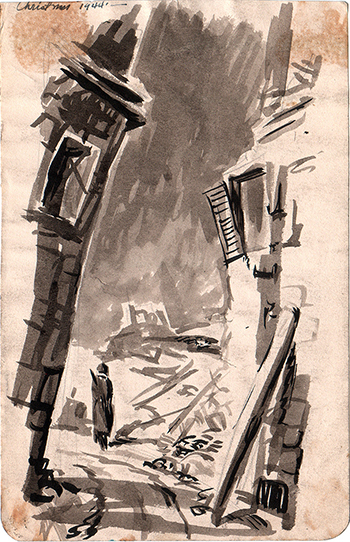 Bronx-born artist Corporal Ben Hurwitz kept a personal record in pencil, pen, and paint of his experience during the lengthy campaign during World War II that would eventually liberate Rome in June 1944. “This was probably up near Leghorn [Livorno, Tuscany], Christmas 1944,” Hurwitz (who later changed his name to Brown) commented in a postwar interview. “This town was heavily bombarded. It didn’t have two stones one on top of the other.”