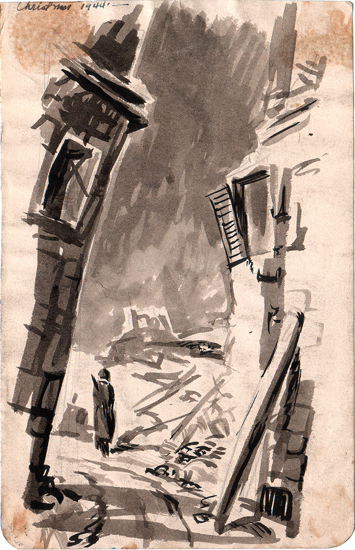 Bronx-born artist Corporal Ben Hurwitz kept a personal record in pencil, pen, and paint of his experience during the lengthy campaign during World War II that would eventually liberate Rome in June 1944. “This was probably up near Leghorn [Livorno, Tuscany], Christmas 1944,” Hurwitz (who later changed his name to Brown) commented in a postwar interview. “This town was heavily bombarded. It didn’t have two stones one on top of the other.”